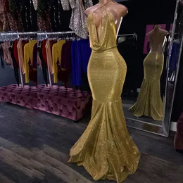 Shiny Gold Mermaid Evening Dresses Halter Backless Glitter Prom Gown Deep V Neck Sweep Train Junior Girls Graduation Dress 2023