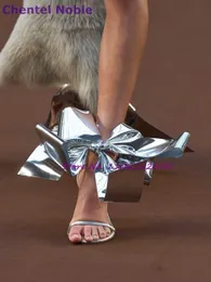 Sliver Oversized Bow Sandals okrągłe palce otwarte cienkie obcasy szpilki najnowsze letnie modne buty dla kobiet przyjęcie 0324
