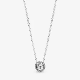 Round Sparkle Halo Necklace for Pandora Real Sterling Silver Wedding designer Jewelry For Women CZ Diamond Engagement gifts Necklaces with Original Box Set