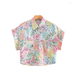 Women's Blouses Baldauren Women Fashion With Pockets Fruit Print Cropped Vintage Short Sleeve Button-up Female Shirts Chic Tops