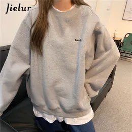 Mulheres Hoodies Moletons Jielur Laranja Cinza Moletom Mulheres MXL Falso Duas Peças Tamanho Hoodie Feminino Solto Coreano Fleece Streetwear Carta Bordado 230324