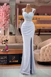 Sequin denizkızı balo elbiseleri kapalı kollu akşam parti elbiseleri seksi arapça aso ebi dantel bölünmüş yan süpürme treni kadınlar robe de soiree bc14697