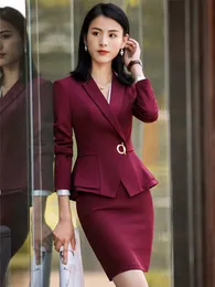 Two Piece Dres Fashion Skirt Suits Office Ladies Blazer Pants Wine Red Elegant Business Suit Set Work Wear Uniform 230324