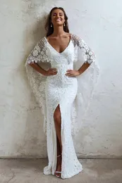 Boho Uzun Batwing Kollu Gelinlik Arka Dantel Dantel Özel Yapım Hedef Elopement Yüksek Bölünmüş Pastrol Geliş Gown Özel yapılmış