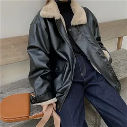 Kvinnorjackor Plamtee 2023 Retro Pu Fur Jacket Winter Casual Office Lady Loose Fitting Warm Fashion High Street All Match Coats 230324