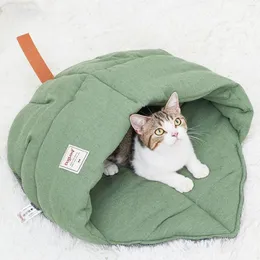猫のベッドは、滑り止め底綿リネン洗える睡眠クッションアクセサリーを添えた葉のベッド