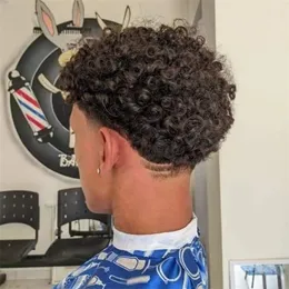 6 pollici di ricambio per capelli umani vergini brasiliani 15mm Curl Male Unit 8x10 Toupee # 1B Topper in seta piena di colore nero per uomini bianchi