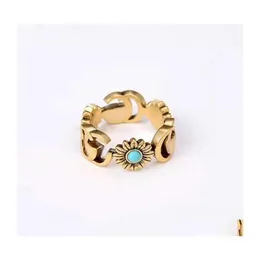 Band Rings 2023 Designer Jewelry Ring Bronze Double Flower Turquoise For Couples Drop Delivery Dhjb5