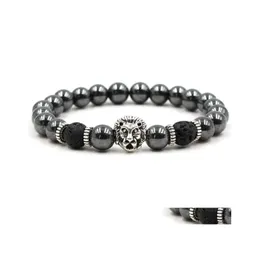 Beaded Black Hematite Strands Stone Lava Rock Bracelets Alloy Gold Plated Sier Skl Lion Owl For Women Men Bracelet Bangles Jewelry D Dhjyb