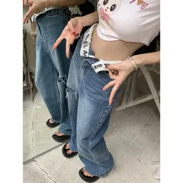 Dżinsy damskie Vintage Turn Single Blue Jean 2023 Spring Korean High talia luźne luźne spodnie na szerokości nogi 230324