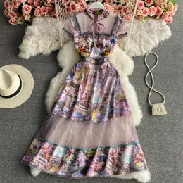 2023 Sommer Französisch Printkleid Schnüren mit hohem Taillennetz lose Swing Midlength Kleid Schnürung