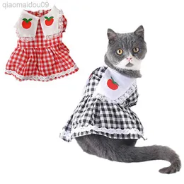 고양이 의상 고양이를위한 스트레버리 드레스 달콤한 여름 애완 동물 옷 공주 고양이 드레스 고양이 스커트 격자 무늬 점 프린트 의류 roupa para gato aa230324