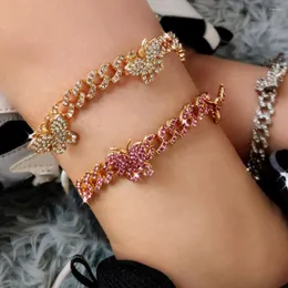 Tornozeleiras planresfoosie hip hop gelou a corrente de ligação cubana de cristal de borboleta para mulheres jóias de pulseira de tornozelo de tornozelo