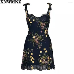 Casual Dresses XNWMNZ 2023 Retro Adjust Spaghetti Strap Women Dress Chiffon Vestid Chic Navy Floral Print Ruffles Summer Mini Drop Ship