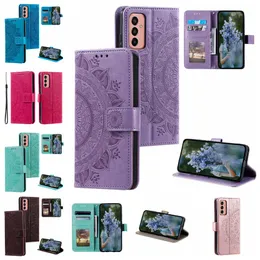 Totem spetsblommor läder plånbok fodral för samsung M14 A24 A54 5G A04E A34 A23E MOTO E14 4G G POWER 2023 G STYLUS G53 präglade mandala tryck Datura -korthållare Flip Cover