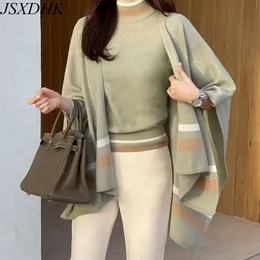 Kvinnors stickor Tees Chic Autumn Winter Sticked Cardigan 2 Piece Set Women Batwing Sleeve Loose Cloak Shawl Sweater Coat Stand Collar Pullover Tops 230324