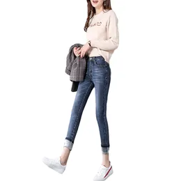 Women's Jean Clothing Solid Color Denim Winter Casual Adults High Waisted Fleece Lined Jeggings with Pockets 230324
