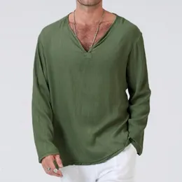 남성 Tshirts 튜닉 남성 셔츠 소프트 단색 린넨 기본 캐주얼 긴 소매 vneck 셔츠 남성 여름 봄 느슨한 탑 230323