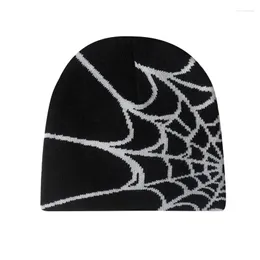 Ball Caps Knitted Pullover Wool Hat Spider Web Printed Warm Hip-hop Fashion Street Punk Winter Cap Y2K Gothic Unisex