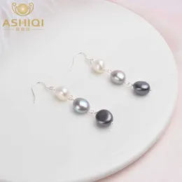 Fascino ASHIQI Orecchini lunghi in argento sterling 925 con perle barocche naturali per le donne Orecchini pendenti fatti a mano con perle d'acqua dolce nere Regalo per feste Z0323