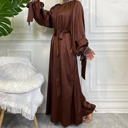 Roupas étnicas wepbel dubai islâmico cetim maxi vestido branco pérola muçulmana eid ramadã abaya túnica caftan