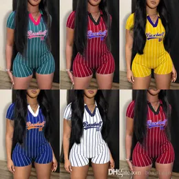 Retail Women Sports Jumpsuits Designer 2023 Nya basebollmodebrev Tryckt V Neck Vertikal Stripe Bodysuit XS-XL