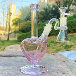 9 "Pipa ad acqua in vetro a forma di cuore rosa Bong Bubbler Narghilè Percolatore Ciotola per tabacco con ciotola scorrevole da 14 mm