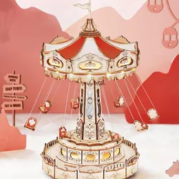 Christmas Decorations DIY Music Box Kids Adults Gift Easy Assembly Ruoka Dreamland Flying Chair Amusement Park Carousel with Music and Light 3D Wood Diy Puzzle