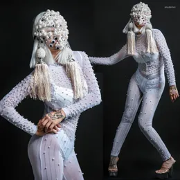 Stage Wear Sexy White See-Through Pearl Jumpsuit Multiple Eyes Mask Halloween Rave Festive Clothing Nightclub Gogo Dancer Outfit VDB5569