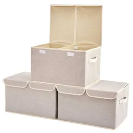 Caixas de armazenamento BINS 3 Pacote de tecido de linho grande grande Cubos de armazenamento Bin Box Recipientes com tampa e alças para armário de berçário Toys de quarto do quarto P230324