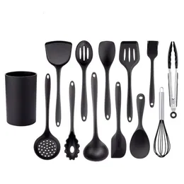 Cookware Parts Black Silicone Cooking Utensils Set Non-Stick Pan Baking Tools Kitchenware Slotted Turner Spatula Spoon Food Tongs Kitchen Kit 230324