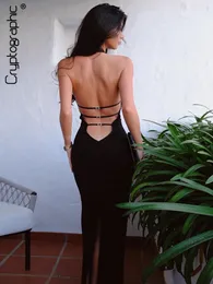 Casual Dresses Cryptographic Sexy Backless Halter Elegant Bandage Maxi Dress Outfits For Women Sleeveless Summer Club Party Black Gown 230325