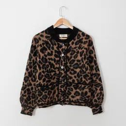Leopard Print Wool Blend Cardigan Sweater For Women Button Front