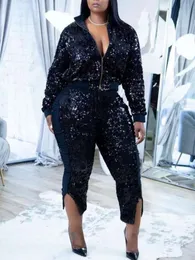 Kobiety Plus Size Pants LW cekinowy zestaw projektowy błyskawiczny glitter srebrny impreza dwuczęściowa damskie klubowe stroje mody garnitur 230324