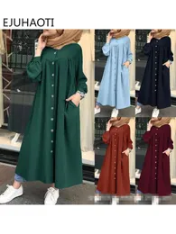 Ethnic Clothing Women's Muslim Solid Color Long Sleeve Shirt Dress Casual Pocket Robe Abayas for Women Open Abaya 230324