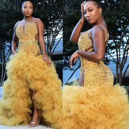 2023 Arabic Aso Ebi Gold Mermaid Prom Dresses Lace Beaded Backless Evening Formal Party Second Reception Birthday Engagement Gowns Dress ZJ3033