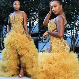 2023 Árabe Aso Ebi Gold Mermaid PROM Vestidos