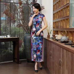 Abbigliamento etnico Cheongsam tradizionale cinese Abito Qipao a maniche corte da donna Lungo in raso Festa femminile Elegante da donna Vintage Chipao