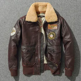 Herren-Pilotenjacke aus dickem G1-Lederimitat, Vintage-Stil, braun, lockerer Mantel, Wollkragen, klassischer Militärbomber, 100 natürliches Rindsleder 230324