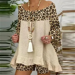 Kvinnors tvåbitar byxor Summer Vintage Leopard Patchwork Outfits Set Cotton Linen Shirt Tops and Loose Shorts Passar Casual 3/4 Sleeve Women 230325