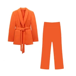 Damskie garnitury Blazer 2023 Spring Fashion Dress Z kołdarka z płaszczem z paskiem Vintage Long Rleeve Pockets żeńska odzież wierzchnia Chic 230325