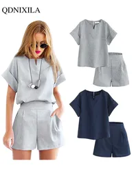 Kvinnors shorts Summer Cotton Linen Overized Women's Shorts Set Solid Fashion Short Sleeve T-Shirt Top and Shorts 2 Piece Set Outfits 230325