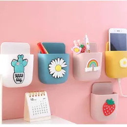 Storage Boxes Bins Kawaii Storage Organizer Box Remote Control Holder Punch Free Multifunction Phone Charging Hanger Wall Mounted Organizer P230324