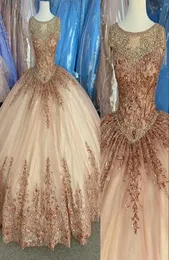 2021 Arabic Sexy Rose Gold Sequined Lace Quinceanera Ball Gown Dresses Sweetheart Crystal Beads Sweet 16 Party Dress Prom Evening 5905792