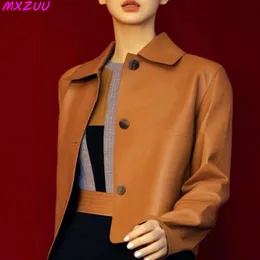 Women's Jacket's Sheepskin Short Tops harajuku mode Jassen Dames Slim Jaqueta de Couro Square Collar Trendy Streetwear Coat 230324