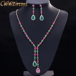 Wedding Jewelry Sets CWWZircons Beautiful Green and Red CZ Zirconia Stone 4 Leaf Long Drop Party Necklace Earrings for Women T225 230325