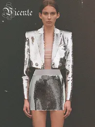 Two Piece Dress VC Luxury Silver Sequin Two Piece Set Women Long Sleeve Short Jacket Mini Fashion Party Outwear 230324