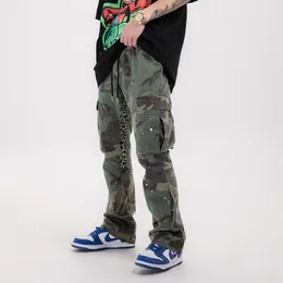 Pantaloni da uomo Streetwear Cargo Hip Hop Distressed Camouflage Splash Svasato Tasche da donna Pantaloni larghi con coulisse 230324