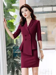 Two Piece Dress Red Skirt Suit 2 Pieces Set Fashion Busines Office Ladies Work Wear Uniform Interview Thin Blazer Hlaf Sleeve Top 230324