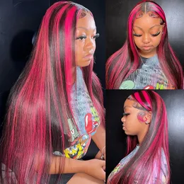 180 -gęstość różowa podświetlona peruka ludzka peruka przezroczystą koronkową frontalną perukę brazylijską długi prosty syntetyczna peruka dla kobiet